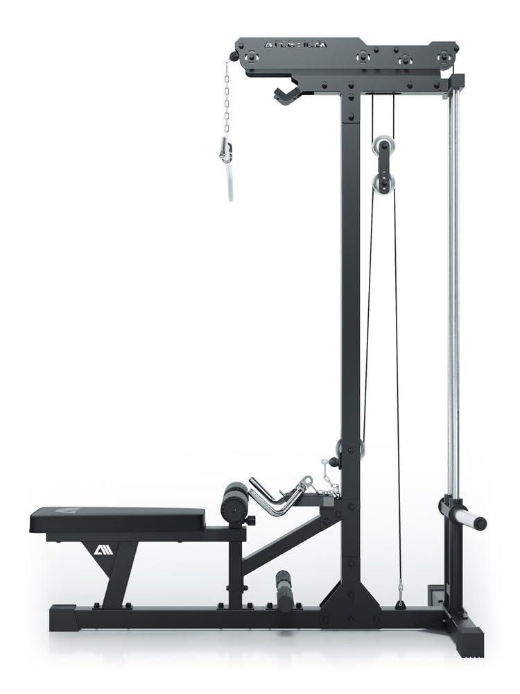 ATLETICA Latzug mit Ruder-Station, Plate-Loaded, Studioqualität | Führungsstäbe aus Vollstahl, Hartchrom-Griffe inklusive, 224cm Höhe