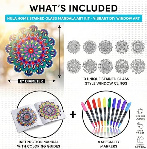 Hula Home Stained Glass Mandala Art Kit - DIY Window Clings with Markers, 10 Suncatchers - Perfect Hobby for Adults, Kids, Teens & Seniors - Ideal Gift for Beginners, Women & Elderly - Image 3