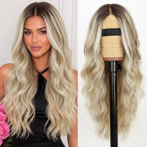 Image of AISI HAIR Ash Blonde with Platinum Highlights Wavy Wig with Soft Pink Ends for Women, Long Wavy Lace Hairline Middle Part Synthetic Heat Resistant Wig for Daily Party-26 Inch