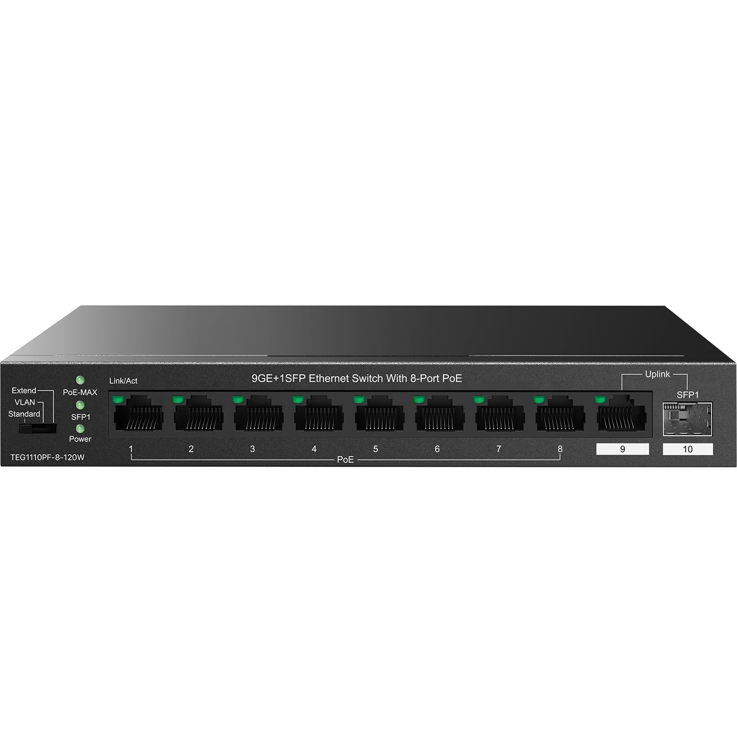 Tenda TEG1110PF Unmanaged PoE Switch with 8 Port PoE+@120W, 8 Port Gigabit PoE Compatible with IEEE 802.3af/at Devices, w/ 1 Uplink Gigabit Port & 1