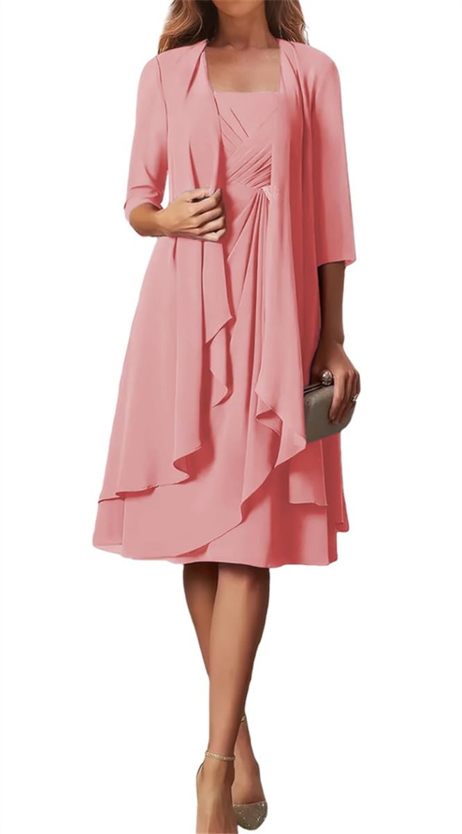 Wseyu Women's Coral 2 Pieces Mother Of The Bride Dresses Ruched Formal Party Dresses With Jacket Ceremony Dresses Lace Up Uk14