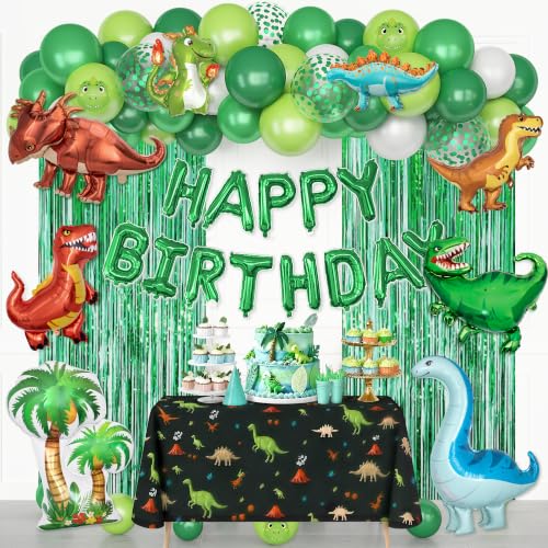 Image of Ouddy Life Dinosaur Balloons Birthday Party Decorations Fringe Curtain | 123Pcs Lime Green White Happy Birthday Dino Foil Balloons Garland Arch Kit for Boys Dino Jungle Safari Baby Shower Supplies