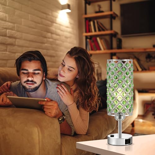 Image of Hong-in Green Crystal Lamp Touch Control Set of 2, Crystal Table Lamps with USB C+A Ports & AC Outlet, 3-Way Dimmable Nightstand Touch Lamp, Modern Bedside Table Lamp for Bedroom(Bulbs Included)