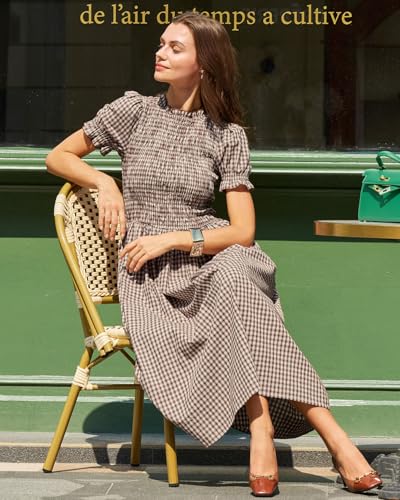 Image of RIHOAS Plaid Gingham Midi Dress Short Sleeve Smocked Dresses for Women | Cotton,Ruffle Puff Sleeves,Vintage Brown,Spring Summer Casual Daily,Picnic,Travel,Vacation,Christmas Festive Occasions