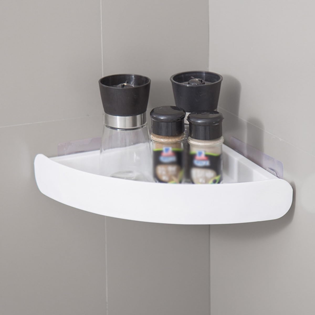 2Pcs Bathroom Corner Storage Racks Triangular Wall Mounted Shelves for Toiletries Space-Saving Compact Design with Strong Adhesion for Humid Environments Grey and White