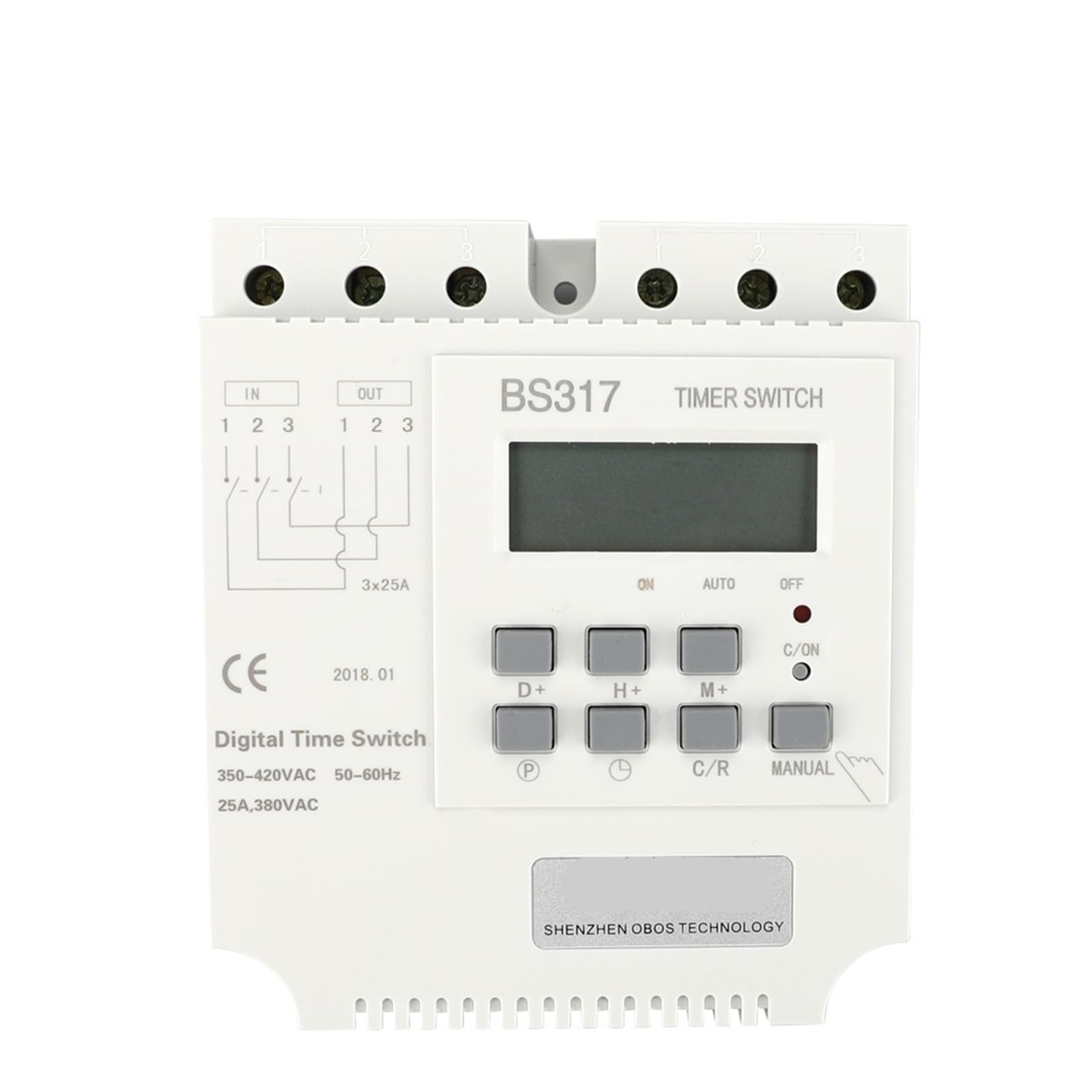 1 Interruptor horario Digital trifásico de 25 A y 380 V con 16 ciclos de Encendido/Apagado Diarios y un Rango de Ajuste de 1 Minuto a 168 Horas.
