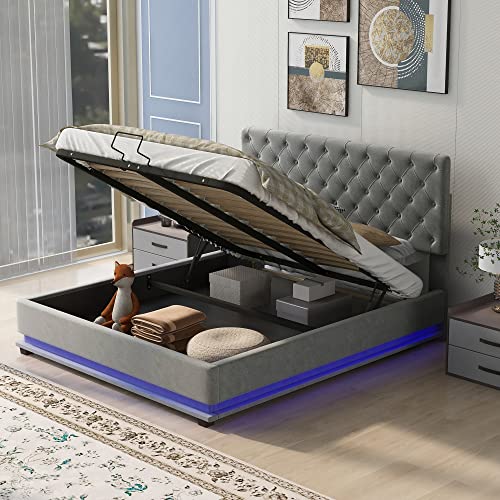 Upholstered Full Platform Bed with Adjustable Headboard,LED Lighting and USB