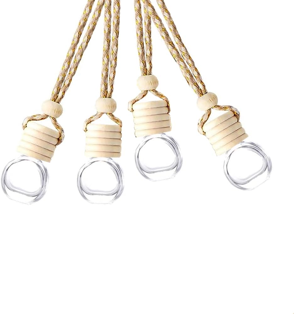 Booge 4 Pcs 8ml Hanging Car Air Freshener Diffuser, Empty Glass Perfume Bottles Oil Diffuser Perfume Aromatherapy Pendant Bottle for Essential Oils Fragrance Aromatherapy Bottle Ornament, Oblate Shape