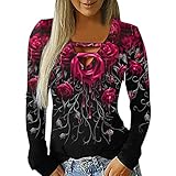 Damen Langarmshirt V-Ausschnitt Schmaler Passform, Top Tunika Bluse T-Shirt Oberteil Pailletten Drucken Pullover Elegant Basic Tops Casual Lose Mode Freizeit Langarm Lässiges T-Shirt (Red #3, XXXL)