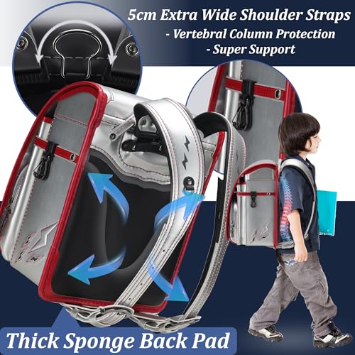 IwaiLoft Ransel Randoseru Backpack with Automatic Satchel for Boys, Japanese School Bag Embroidery PU Bookbag for Men Male (Lightning Silver)2