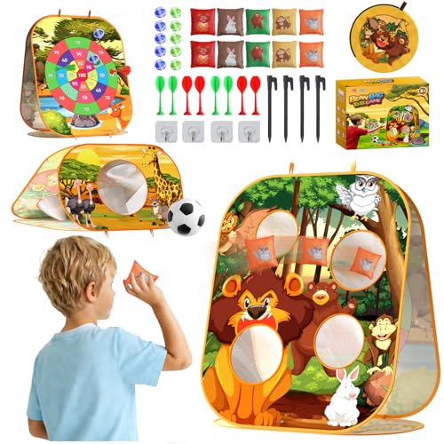 Image of 4-in-1 Cornhole Board Set, Toddler Outdoor Games with Bean Bag Toss Game, Soccer Goal, Safe Darts and Throwing Ball Toy, Family Party Games and Outside Toys for Kids Ages 3-8, Boys & Girls (Zoo)
