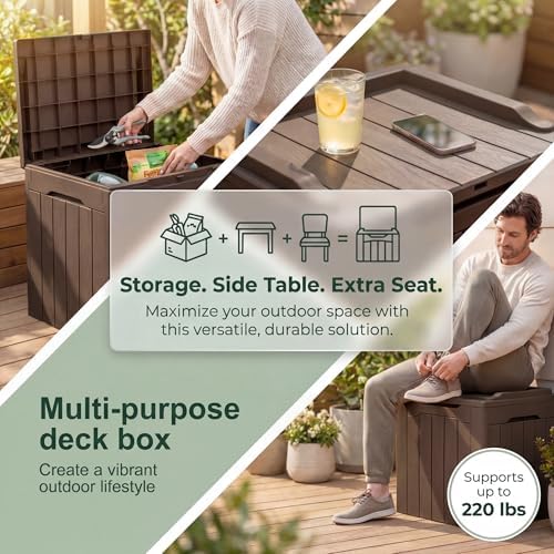 VICTONE Resin Deck Box Large Outdoor Storage for Patio Furniture, Garden Tools, Pool Supplies, Weatherproof and UV Resistant, Lockable (Brown, 30 Gallon) - 2