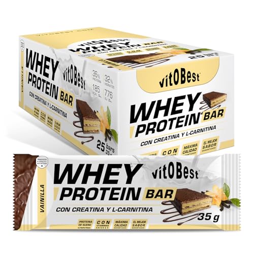 VITOBEST | Barritas Whey Protein Bar | Contribuye a aumentar y conservar la masa muscular | Relleno de mousse aromatizado y cobertura de chocolate con leche | Sabor Vainilla - 25 barritas x (35 g)