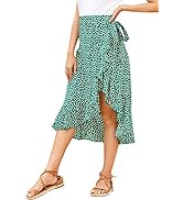LYANER Women's Boho Floral Print Wrap Front Self Tie Knot Ruffle Hem Split Midi Skirt