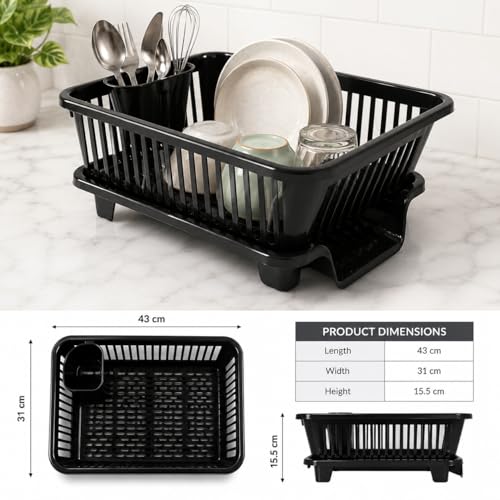 Image of Dish Rack, 3 in 1 Large Plastic Drainer Drying Rack Washing Basket with Tray, Utensil and Cutlery Organiser