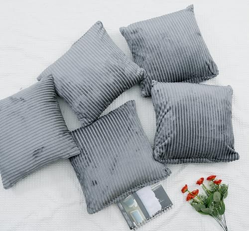 Image of RD TREND Cushion Cover Set of 5, Decorative Sofa Living Room Home Square Cushion Covers 24 Inch x 24 Inch, Aesthetic Corduroy Striped Double Sided (Grey,Pack of 5)