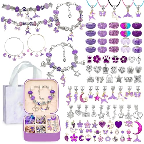 AKILION 165PCS Charm Bracelets Making Kit with Jewellery Box, Girls Toys Jewellery Making Kit with Beads Charms Bracelets & Necklace String, DIY Crafts Supplies Kits, Jewelry Gifts Set for 6 7 8 9 10 11 12 Year Old Girls Teens Kids (with Gift Box)