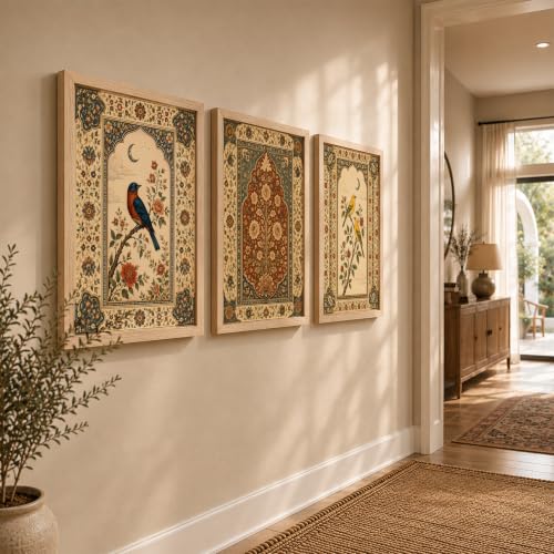 Image of NoWorries Bird Floral Wall Art Set of 3 Framed Prints | Indian Traditional Botanical Painting, Vintage Rajasthani Bird Poster, Royal Ethnic Wall Decor for Living Room Bedroom Home (Synthetic Engineered Wooden Frame) (MIN -4, 21x31 inches)