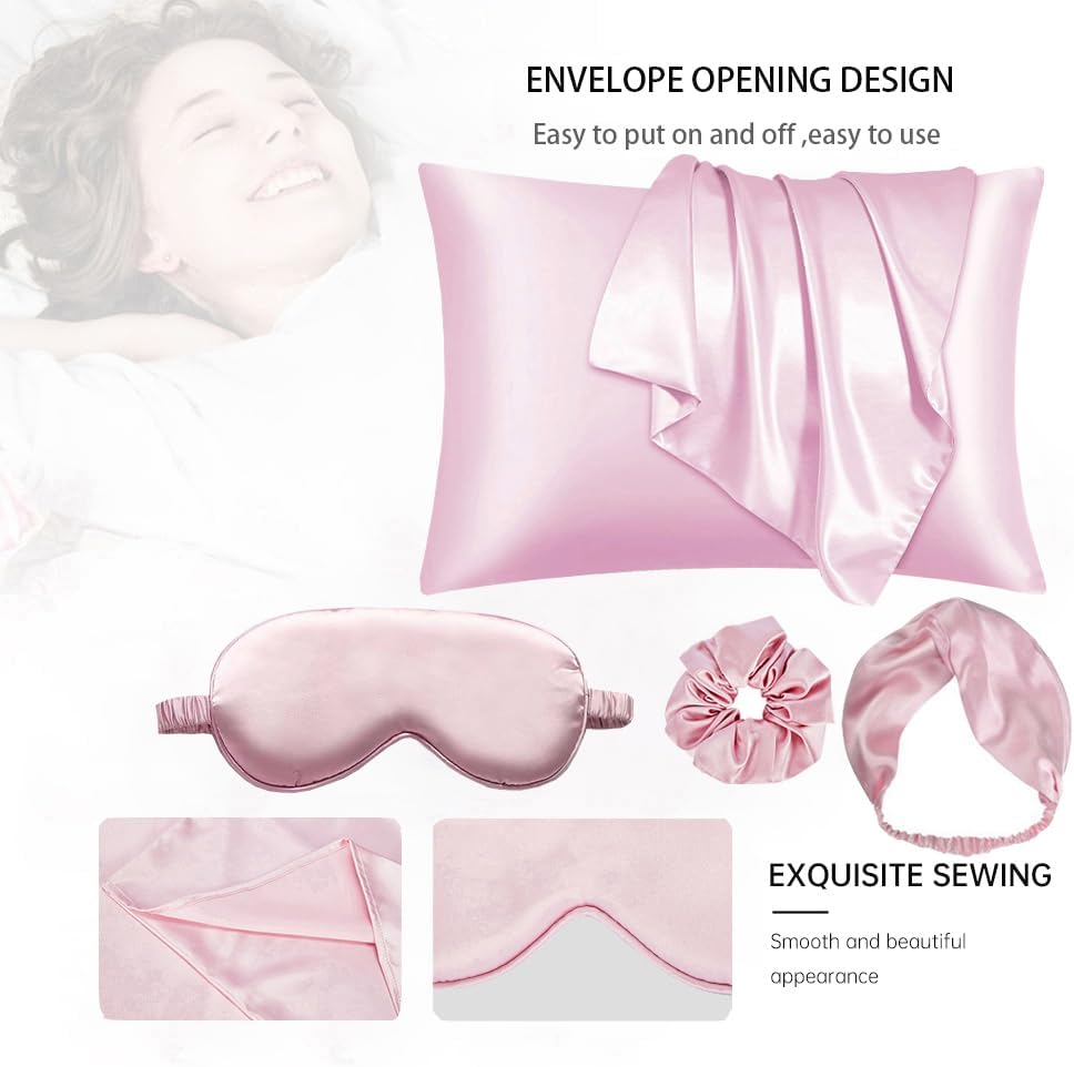 Satin 5-Piece Pillow Cover Sleep Mask Set Silky Pillowcase Eye Mask Scrunchies Set Pillowslip Blindfold with Headband Eye Patch Gift Set for Men Women (Pink)