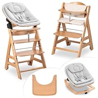 hauck Beta+ Highchair Newborn Set Eco Bouncer – Adjustable Wooden Highchair from Birth incl. Newborn Attachment, Seat Cushion and Eating Tray – Natural
