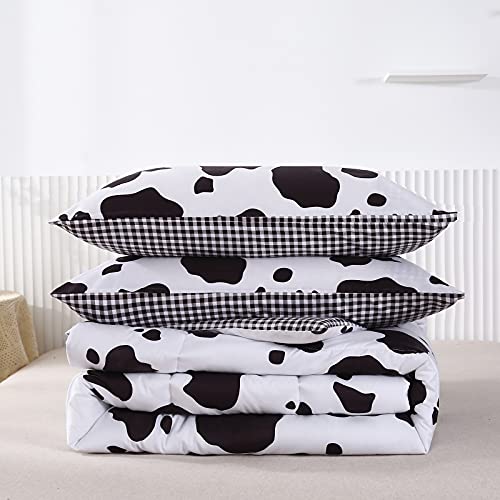 Mengersi Cow Print Comforter Set Full Size, Black And White Reversible All Season Plaid Grid Bedding Sets With 2 Pillow Shams For Kids Girls Boys #TOP1
