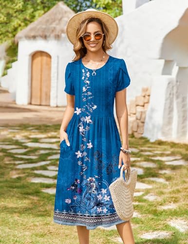 Image of Zeagoo Womens Summer Dresses Casual Aline Midi Dress Short Sleeve Floral Tshirt Dress Flowy Beach Sundresses with Pockets