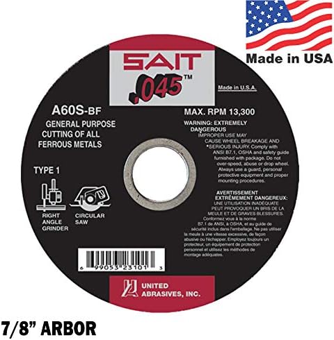 SAIT Abrasive Cut Off Wheels A60S Type 1 (41) Grinder Cutting Wheel 4-1/2 inch x 7/8 inch Arbor QTY 10
