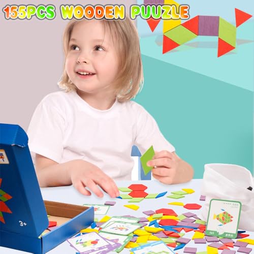 Image of 155 Pcs Wooden Pattern Blocks Christmas Stocking Stuffers Kids Toddlers, Math Games Shapes Blocks Homeschool Supplies with Cards Tangram Puzzles Montessori Educational Learning Toys for Kids Ages 4-8