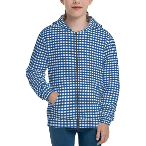 Blue Gingham Kids Pullover Hoodies Boys Zip Up Sweatshirts Girls Athletic Clothes with Pocket3
