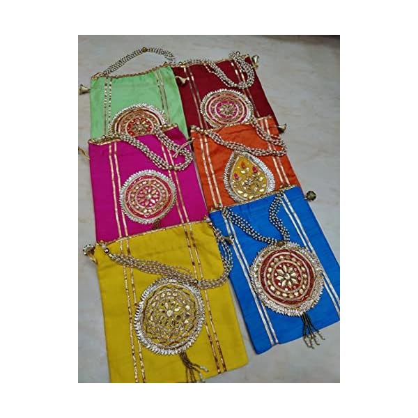 Gifting Bells Gotapatti Big Size Potlis with Chain Handle Potli Velvet with Gota Patti Potli Purse Women Handbag Handicrafts Handmade Decorative Pure Silk Jaipuri Resh Potlis - Image 4