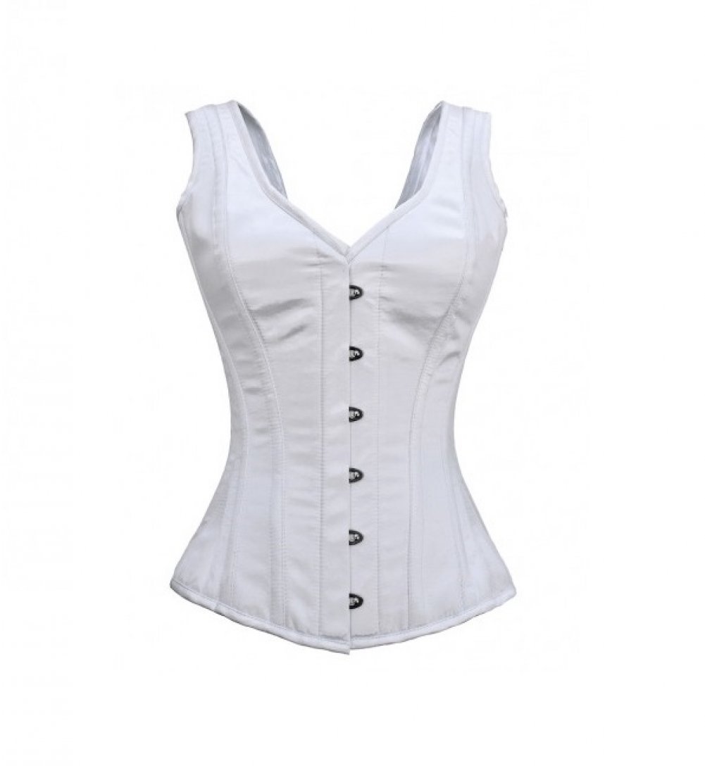 White Satin Shoulder Strap Gothic Burlesque Costume Overbust Corset Waist Shaper