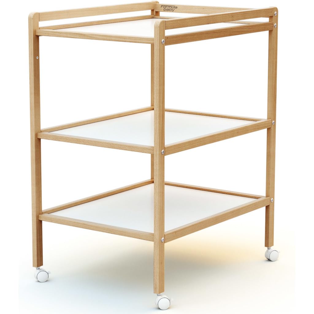 FORMULA BABY Table à langer | fabriquée en hêtre massif | 4 roulettes directionnelles avec frein | utilisable jusqu'à 12 mois | 2 étagères pratique pour ranger
