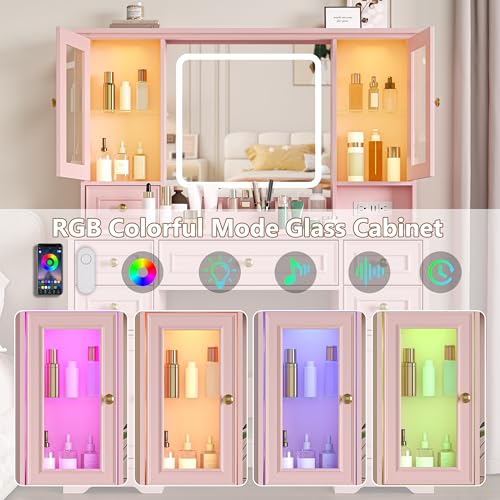 Image of Makeup Vanity Desk with Mirror and Lights, Farmhouse Vanity Table Set with 6 Drawer&Charging Station, Makeup Table with RGB Cabinets, Pink Vanity with Lighted Mirror for Girls Women, 3 Light Modes