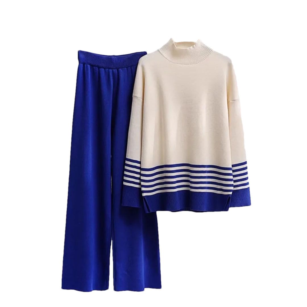 Donne A Righe Maglia Pullover 2 Pezzi Set Mezza Collo Alto Maglione Top Abiti A Vita Alta Larghi Gamba Larga Pantaloni Della Tuta Ensemble, Blu, M