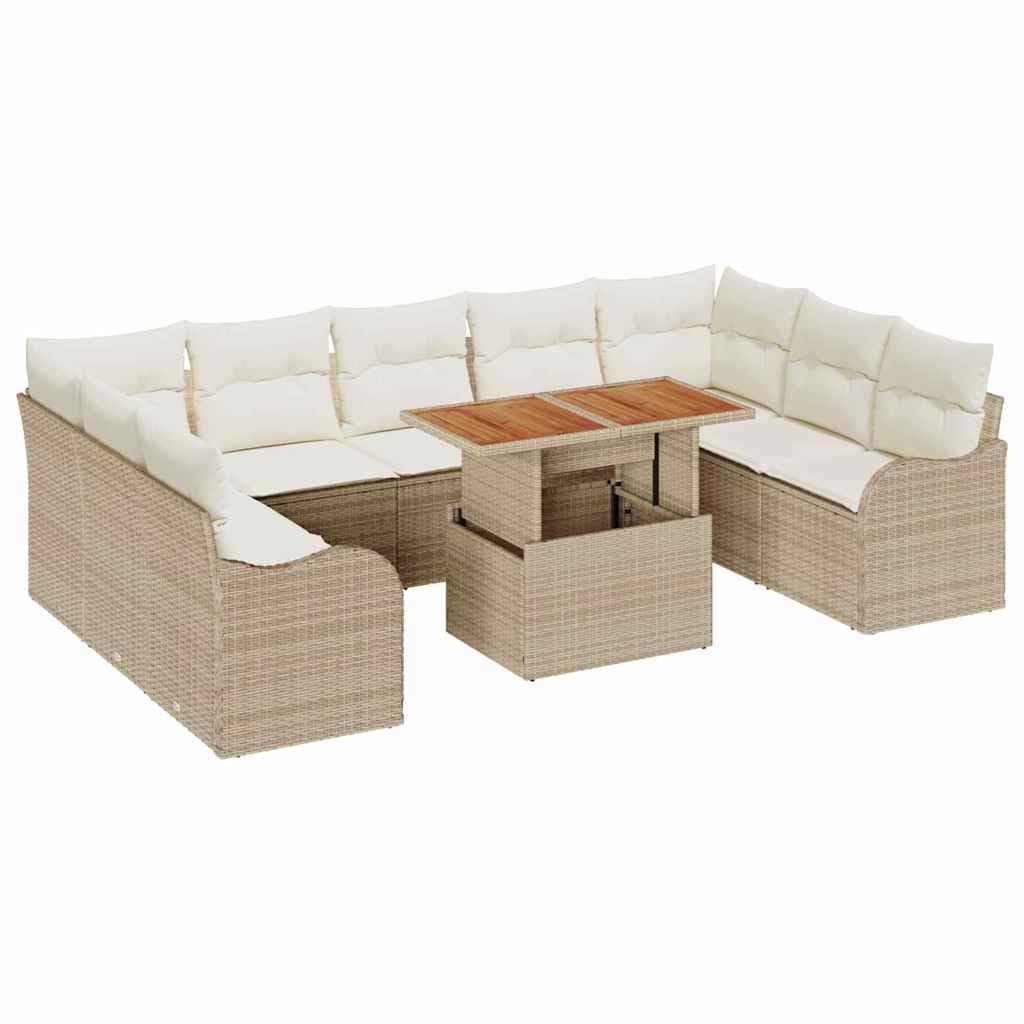 Zestaw mebli ogrodowych z poduszkami, 10 szt., beżowo-kremowy, polirattan, stal malowana proszkowo, 100 x 55 x 73 cm, na balkon, do wypoczynku, na zewnątrz, komfortowa, odporna na warunki