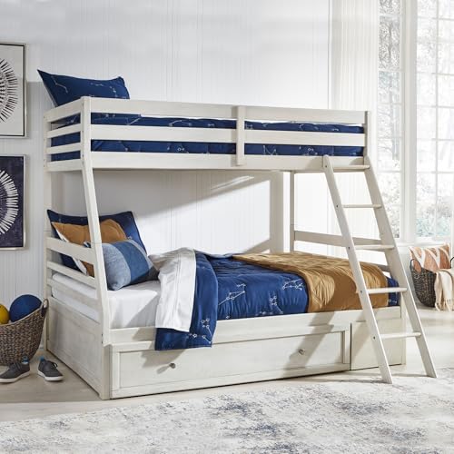Image of Signature Design by Ashley Twin Over Full Bunk Bed with Storage, White | Antique white finish, Under bed storage, Hardwood solids, birch veneer and MDF substrate, Youth bedrooms, Robbinsdale