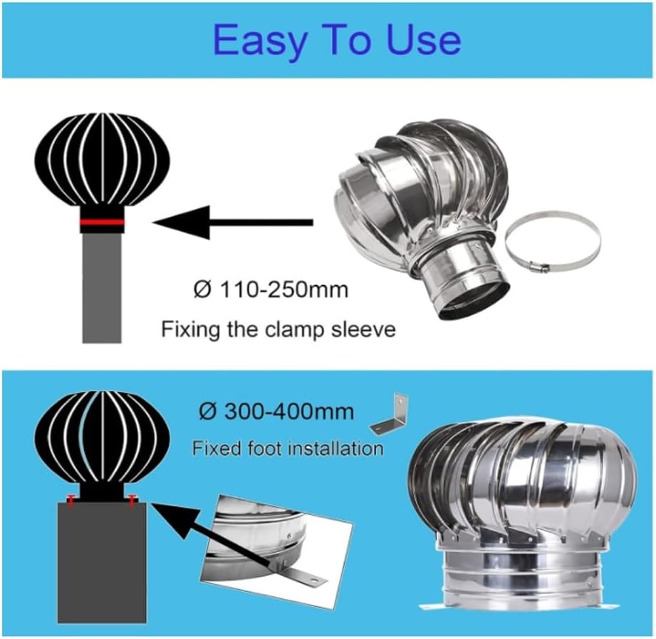 6in 8in Rotating Roof Vent - 304 Stainless Steel Turbine Air Vent for Attics, Houses, and Farms - Non-Powered Ventilator Cap (250mm/10in) - Weather Resistant
