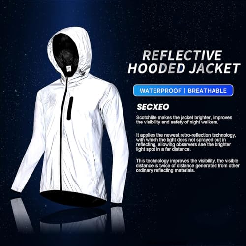 SECXEO Fahrradjacke Reflektierend Damen, Herren Wasserdicht Atmungsaktiv Radjacke mit Kapuze, Winddicht Fahrrad Regenjacke für Radfahren Laufen Wandern - Silber M