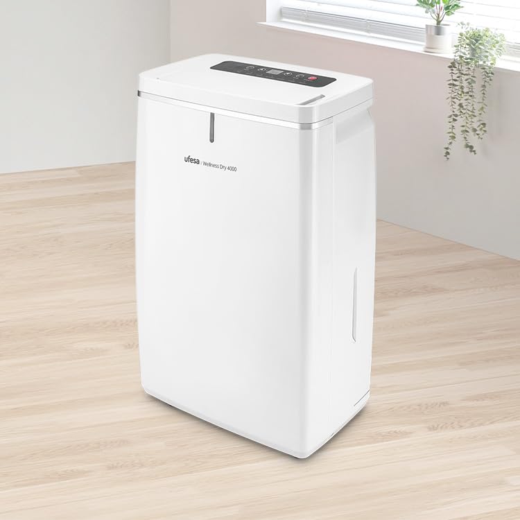 Ufesa Wellness Dry 4000 Deumidificatore 16L/24h, Silenzioso 43 dB, Sensore di Umidità, Funzione Asciugatura Biancheria e Purificazione dell’Aria, Serbatoio 5L, Timer 24h, Fino a 30 m²