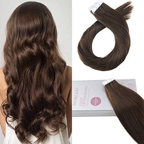 Moresoo 24 Inch Remy Human Hair Extensions Tape in Extensions Brown Color #4 50g 20 Pieces Seamless Skin Weft Tape in Human Hair Extensions Soft and Silky Hair