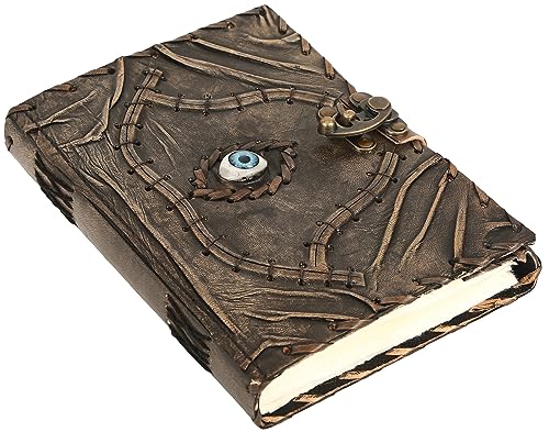 20 Cms Ward Off Evil Eye Protection Leather Bound Journal, Spell Book of Shadows, Grimoire Gift Writing Notebook for Men Women, Blank Unlined Old Deckle Edge Paper, Handmade Vintage Diary, Clasp Lock