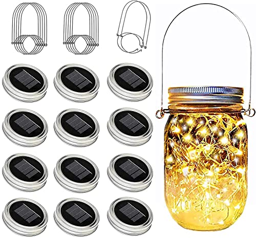 YJFWAL Mason Jar Solar Lights, 12 Pack 30 LED Mason Jar Solar Fairy Lights, Lantern String Lid Light with Hangers for Garden,Patio,Yard,Party,Birthday,Wedding, Christmas Decoration(No Jars)