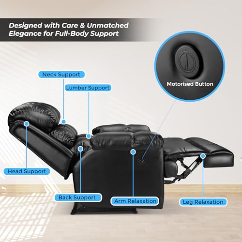Image of Little NAP Single Amet Soft Leatherette Motorized Recliner | Padded Seater Aram Sofa | Relaxing Chair for Home Office Movie Theater Room | Black