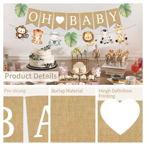 Image of Weecent Pre-Strung 6ft Burlap Oh Baby Banner for Safari Baby Shower Decorations Neutral Jungle Animals Gender Reveal Party Decor