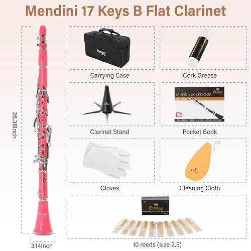 Image of Mendini by Cecilio Ebonite Bb Clarinet Kit for Beginner - Pink