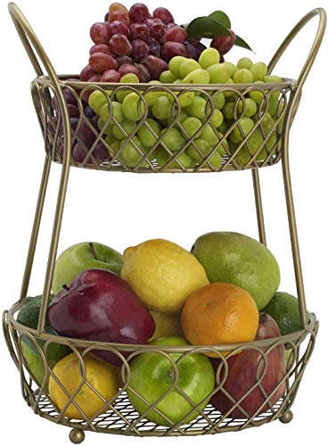 Metal UV International 2 Tier Fruit Basket, Wire Fruit Bowl or Produce Holder Stand for Storing & Organizing Vegetables, Eggs (Gold)