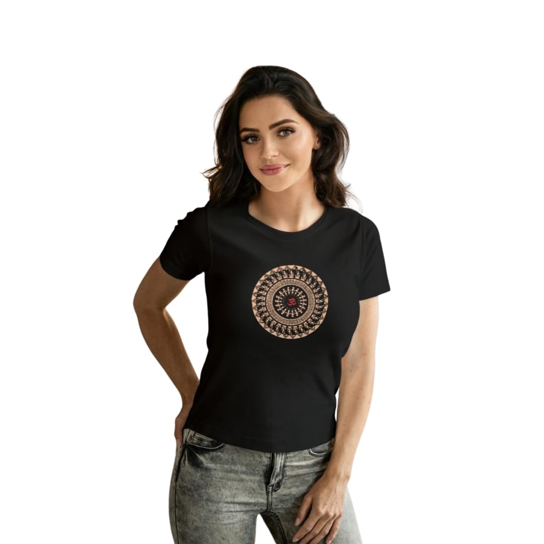 Indo Era Women Casual Tshirt, Supercombed Biowashed 100% Cotton Slimfit Tshirt (Slim Fit Slim Length Graphic Printed OM in Warli Mandala) in multi
