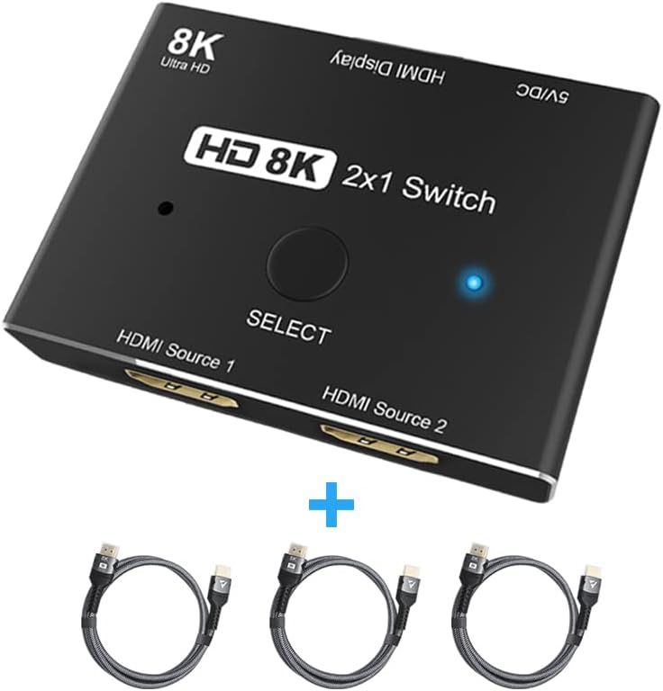 FDBRO8K UHD HDMI Switch 2 In 1 Out High Speed 48Gbps HDMI Splitter Support 8K@60Hz 4K@120Hz for HDTV, Game consoles, Monitors, Laptops, HD video player and etc.(1 switch, 3 HDMI 8K 1m cables)