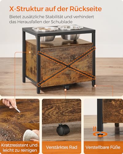Feandrea Hundenapf erhöht, für große Hunde, Futternapf mit Gestell, erhöhter Fressnapf mit Schublade, Futterstation, 2 Schüsseln, 39 cm hoch, vintagebraun-schwarz PRB101X01V1
