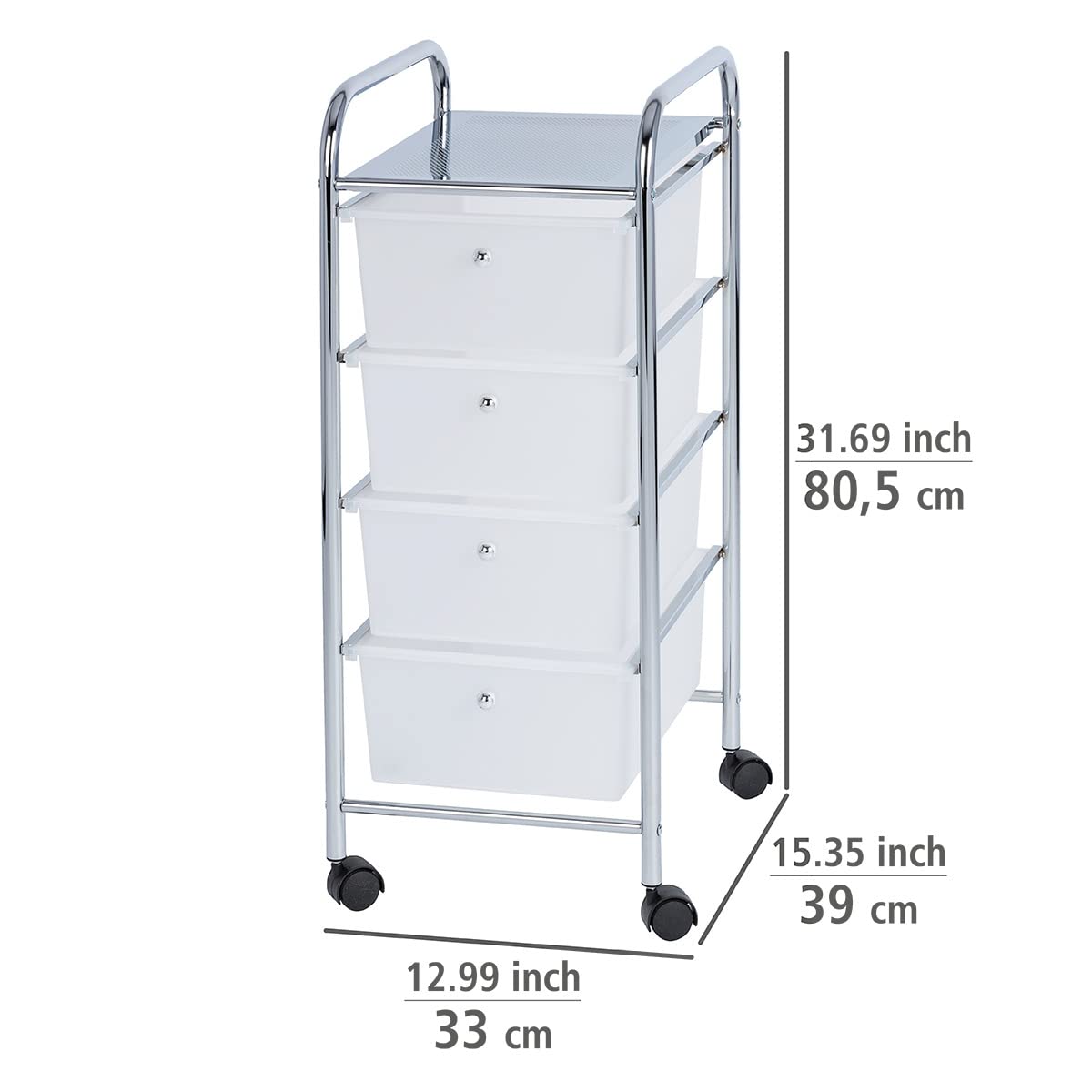 WENKO Wózek Messina z 4 szufladami – wózek łazienkowy, wózek domowy, stal, 33 x 80,5 x 39 cm, biały
